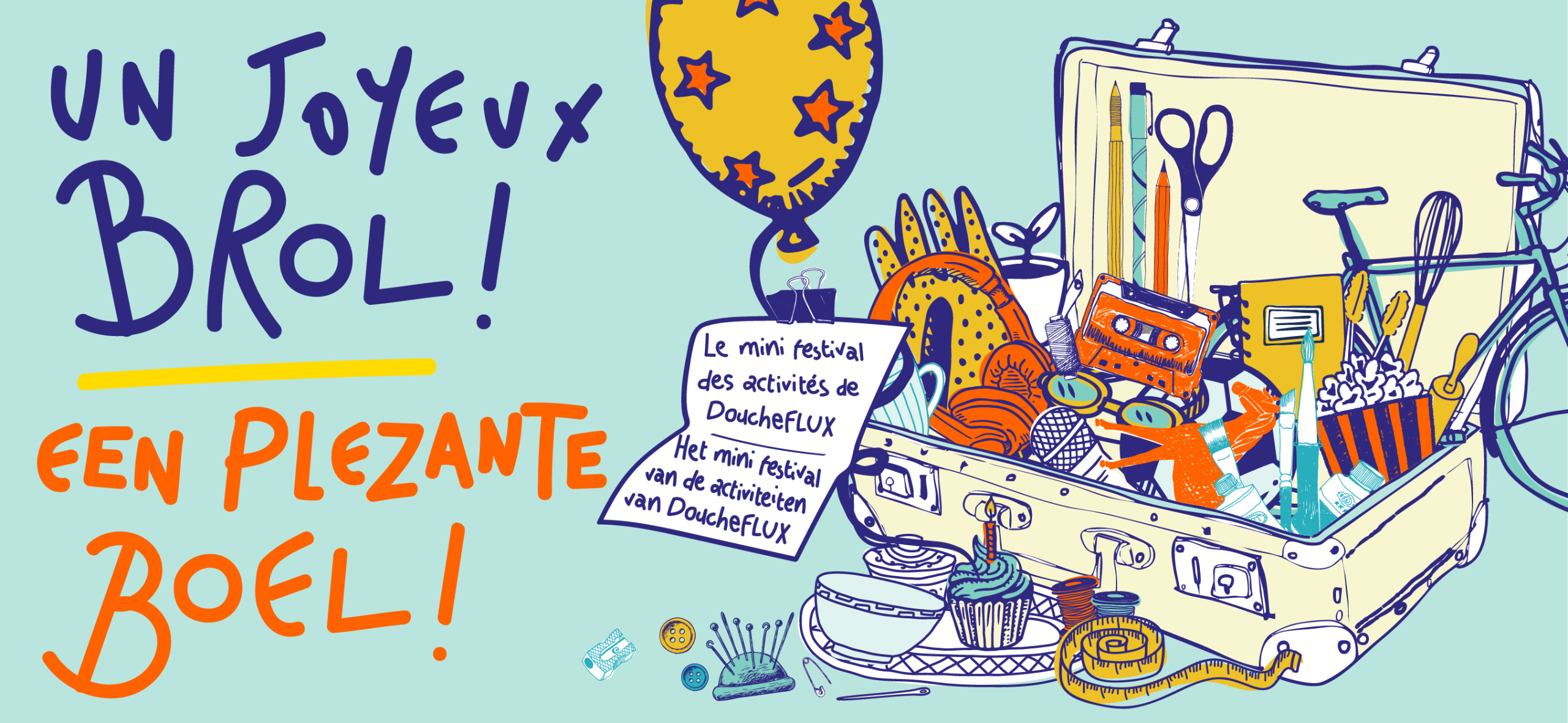 bannière mini-festival activités de DoucheFLUX avec plusieurs objets représentant les différentes activités sportives, culturelles et culinaires proposées à DoucheFLUX pour les personnes sans chez-soi