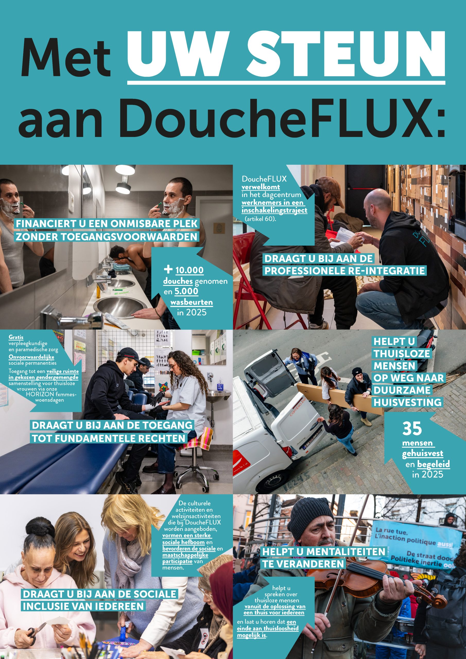 affiche détaillant l'impact de DoucheFLUX en flamand en 2025